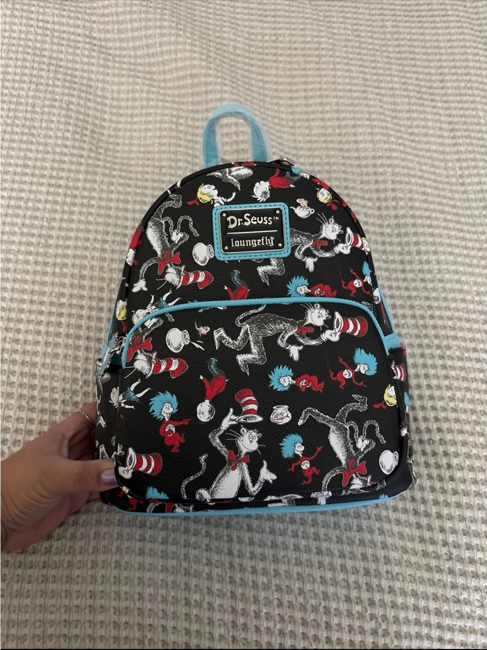 Loungefly Dr. Seuss Black Mini Backpack with Turquoise Trim and Multicolor Print
